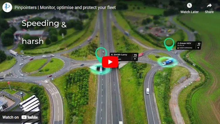 A screenshot of a YouTube video thumbnail with a motorway sliproad system and vehicles being tracked with location pinpoint icons.